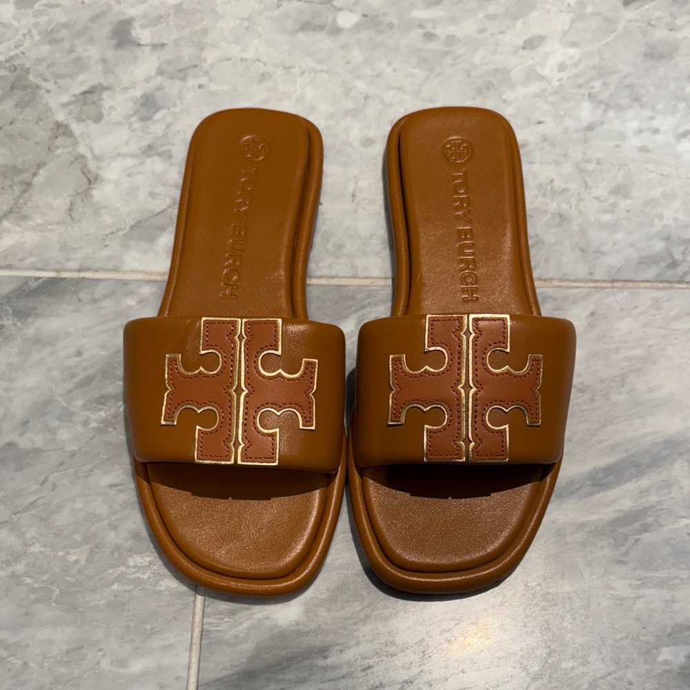 Tory Burch Double T Sports Tan Slide Sandals